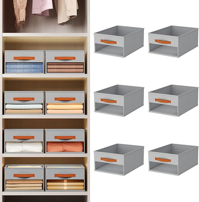 Closet Organizers and Storage - 6 Pack Storage Bins Baskets for Organization Foldable Closet Organizer with Clear Window & Handles for Clothes, Toys, Towels, Small Essentials (Grey)