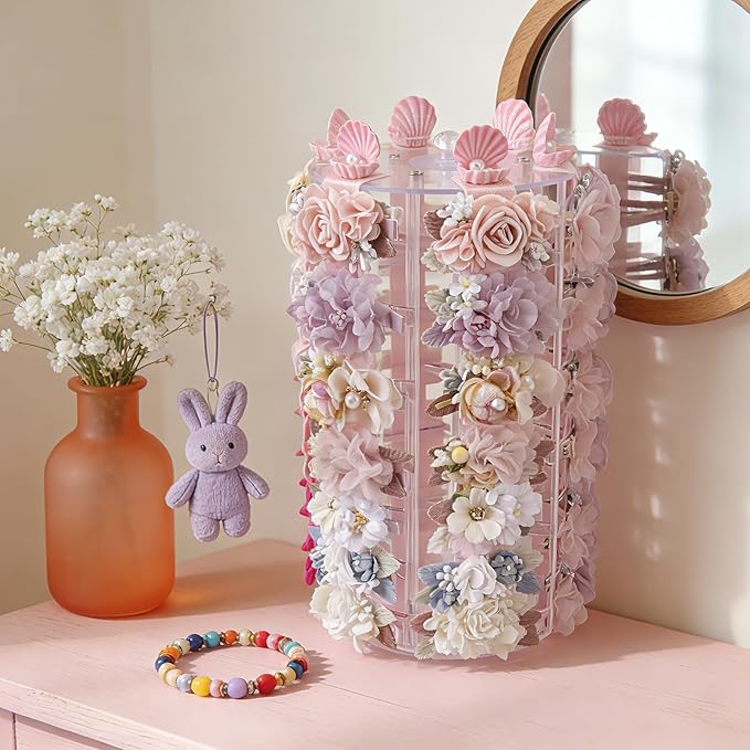 Rotating Bows Organizer for Girls, Hair Clip Holder Claw Storage Hair Accessories Rack Display Stand for Baby Nursery Toddler Room Decor