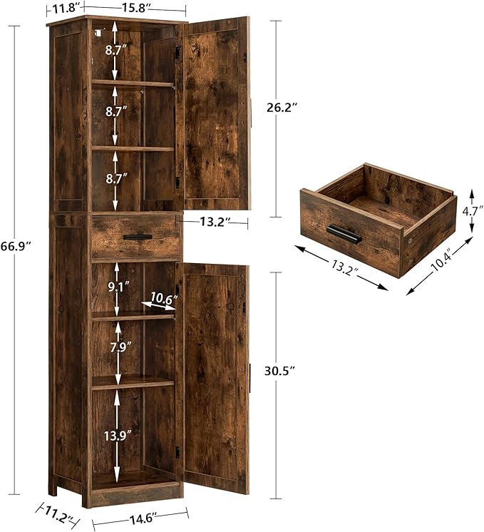 WEENFON Tall Bathroom Cabinet, Storage Cabinet with 6 Shelves & Drawer, Bathroom Storage Cabinet with Adjustable Shelves, Tall Cabinet for Living Room, Home Office, Brown