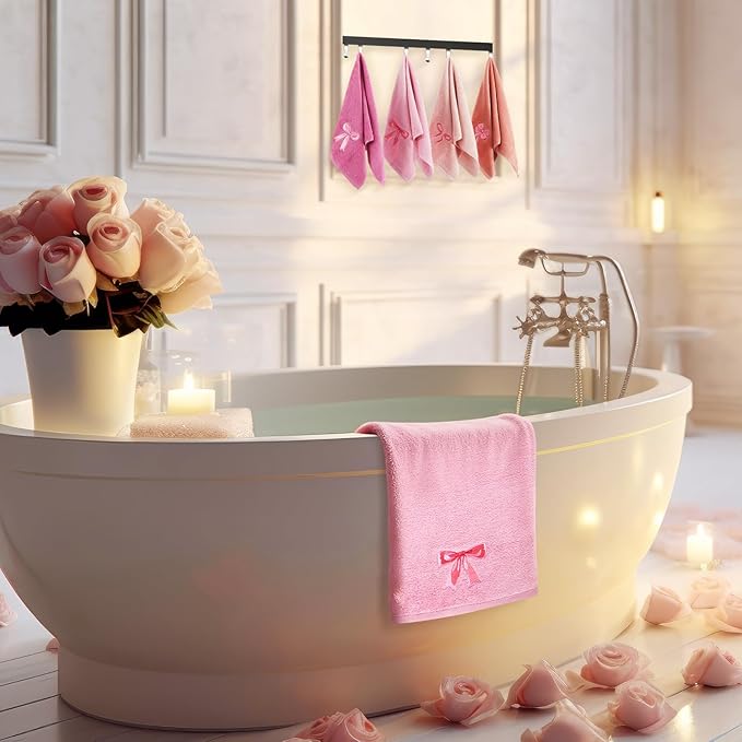 4 PCS Pink Bow Hand Towels Set 29" x 13" Coquette Bow Embroidered Decorative Towel Absorbent Kitchen Bath Preppy Decor for Hand Drying Bridal Shower Wedding Gift