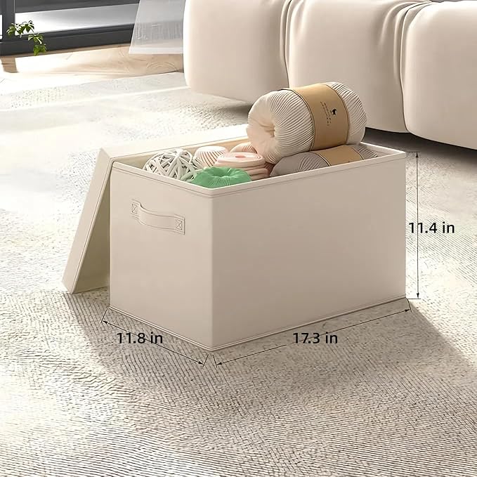 Large Collapsible Fabric Storage Bins with Lids (2-Pack) - 17.5x12x11.5 Inch Cotton Linen Organizers, Foldable Closet & Bedroom Storage Baskets with Handles, Off-White
