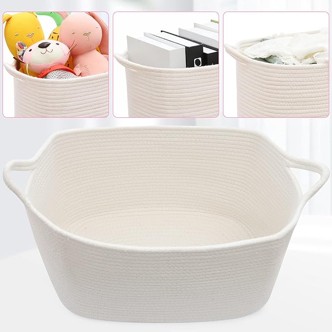 ABenkle Cotton Rope Storage Basket, Decorative Organizer with Handles, Rectangle Baby Nursery Baskets for Shelves Closet, 13.5x11x9.5-Inches, White