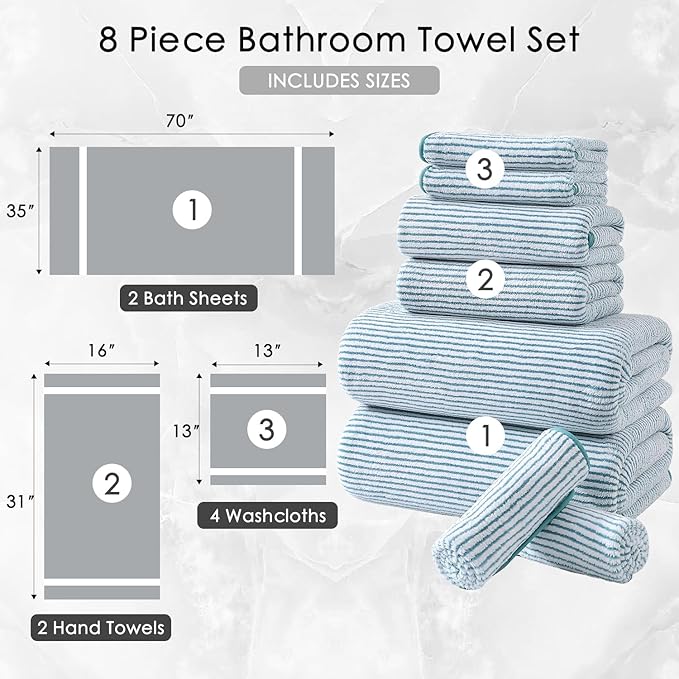 8-Piece Premium Towel Set for Bathroom|2 Oversized Large Bath Sheet,2 Hand Towels,4 Washcloths|Soft Cozy Highly Absorbent Fast Dry Microfiber Shower Towel Set for Hotel Bathroom Essentials,Lake Blue