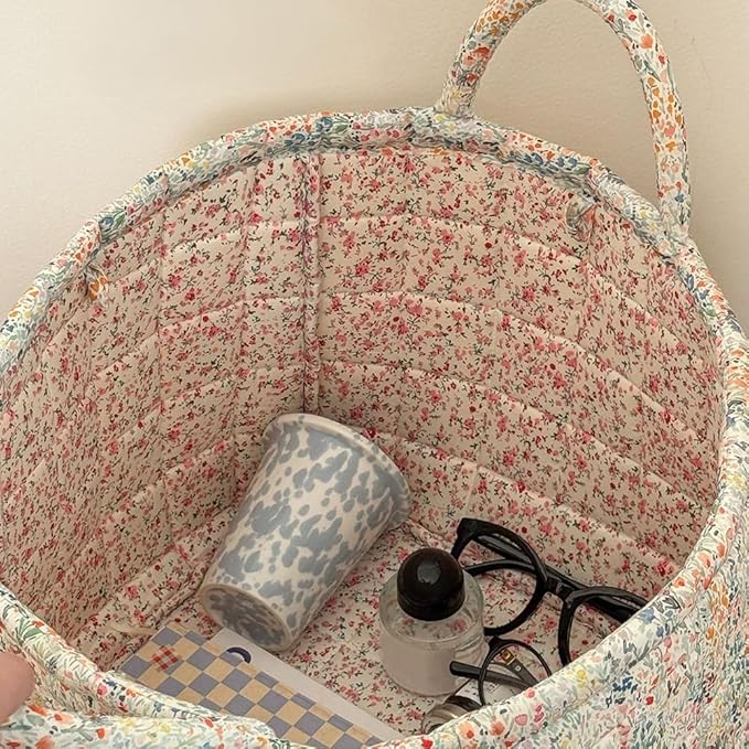 JQWYGB Foldable Laundry Basket Boho Bear Storage Basket Floral Quilted Fabric Car Storage Basket Handles Large Laundry Baskets for Clothes and Dolls