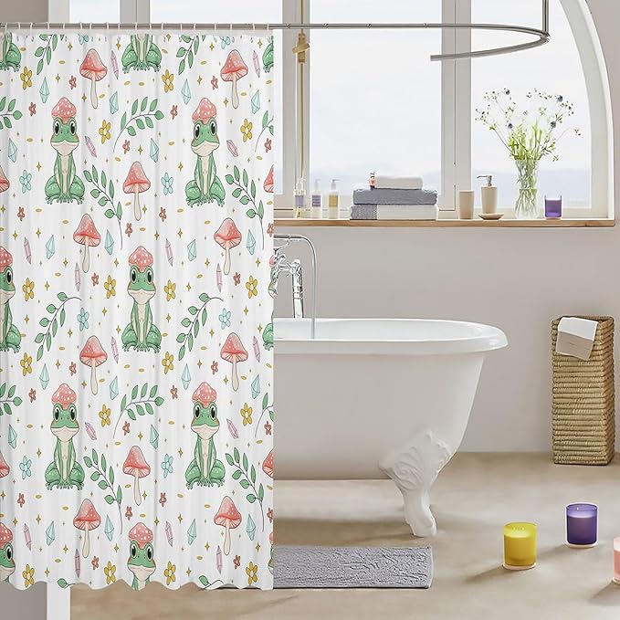 Green Frog Shower Curtains Pink Mushroom Shower Curtain For Bathroom Kawaii Tree Frog Bathroom Decor Curtain Cute Mushroom Frog Animals Farmhouse Bath Curtains Waterproof Mushroom Decor 72" W x 78" L