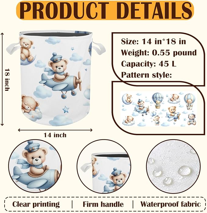 Bear Nursery Laundry Basket Hamper, Toybox for Boys Girls, Hot Air Balloon Airplane Bear Waterproof Collapsible Storage Bin Organizer for Bedroom Bathroom Kids Room Clothes Toys Books