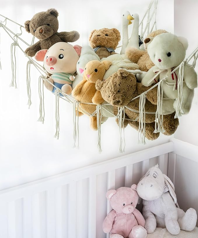 Stuffed Animal Storage Corner Hammock or Net,Toy Storage Hammock for Stuff Animals,Plushie Net for Nursery Bedroom Wall,Stuffed Animal Organizer Holder for Plush,Cute Boho Room Decor(Beige)