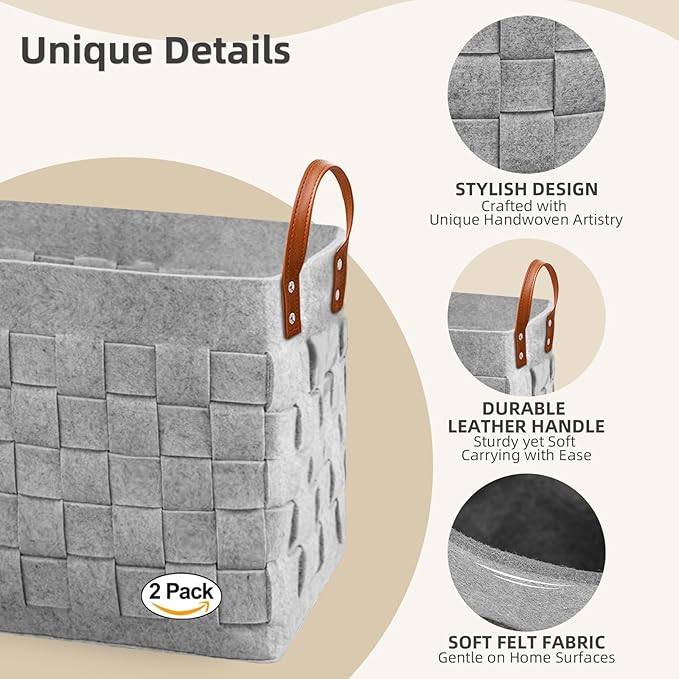 boldmonkey Blankets Basket 15 " x13 x11 2 Pack, Large Storage Baskets for Organizing Rectangular, Living Room Dog Toy Bin for Dirty Clothes, Pillows, Towel-Light Gray