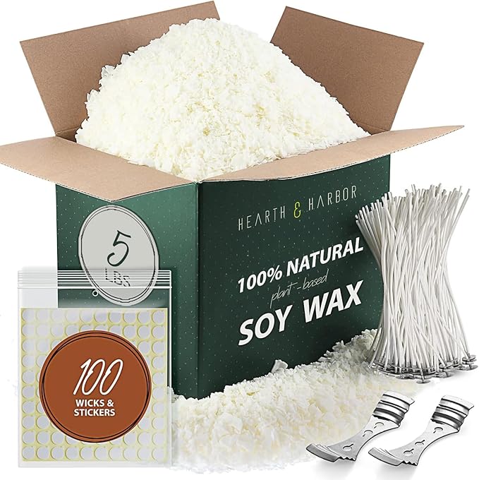 Hearth & Harbor Organic Soy Candle Wax for Candle Making, 5 lbs Natural Candles Making Supplies, Beeswax-Free, Paraffin-Free, Pure Soy Wax Flakes Perfect for Candles, Tealights and Melts