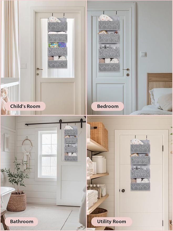 Macrame Over the Door Organizer Boho Decor Nursery Storage, Leaf Weaving Closet Storage, 4 Hanging Pockets, Behind Door for Bathroom, Bedroom,Grey
