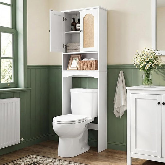 Over The Toilet Storage Cabinet, Above Toilet Organizer with 2 Rattan Doors, Modern White Finish, 24x70 inch Space Saving Freestanding Bathroom Cabinet
