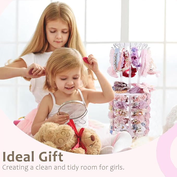 cherrboll Rotating Hair Bows Holder Stand, Headbands Organizer with Hooks, Scrunchies Claw Clips Rack Display, Hair Accessories Storage Nursery Room Decor for Baby Toddler Girls