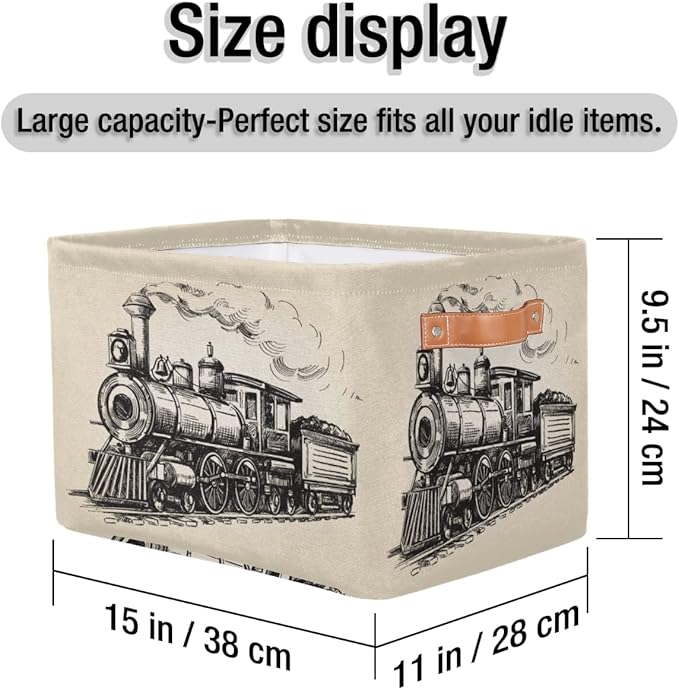 Large Storage Baskets for Organizing Shelves Vintage Steam Locomotive Train Foldable Cube Storage Bins with Handles Rectangle Fabric Closet Organizers for Home Toys Clothes, 1 Pack