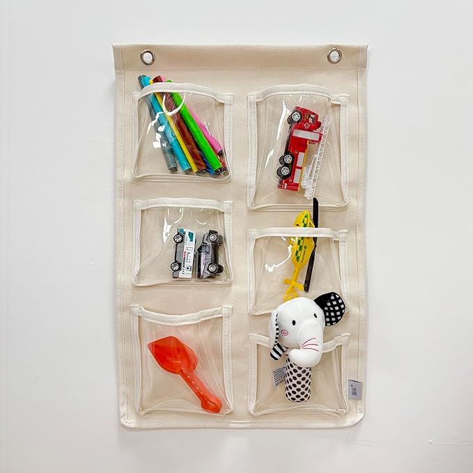 Beige Canvas Wall Organizer: 6 Clear Pockets for Mail & Supplies + 2 Hooks, Multi-Purpose Hanging Storage for Home or Office