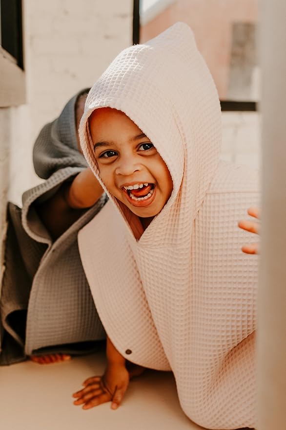 Jade&Kai Hooded Towel for Kids | Snaps into a Poncho | Organic Cotton Waffle | Lightweight and Absorbent | Bath, Beach, and Pool | Multiple Colors | (Medium (3-6 Yrs), Cherry Blossom)
