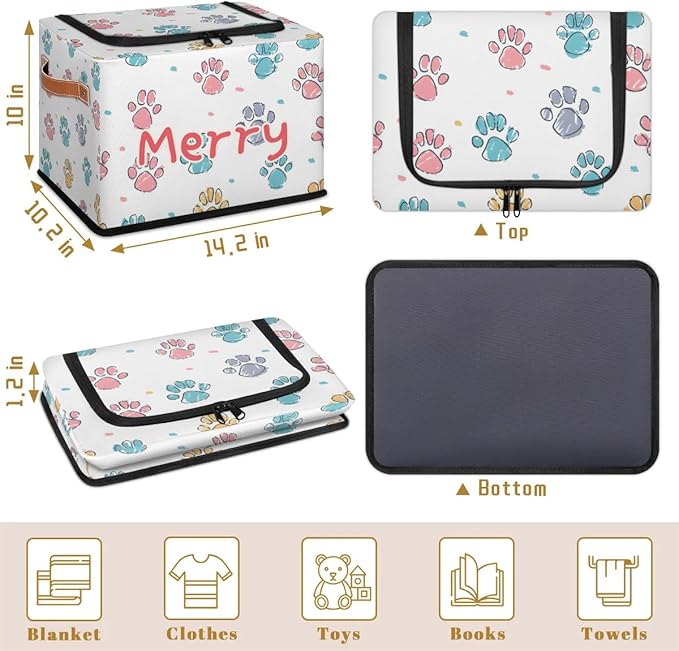 Custom Cute Footprint Storage-Bin With Zipper Lid for Kids-Girls-Boys-Baby-Pet,Personalized Name Foldable Storage Box with Handle,Baby Basket With Label for Bedroom Nursery Toy Clothes,White