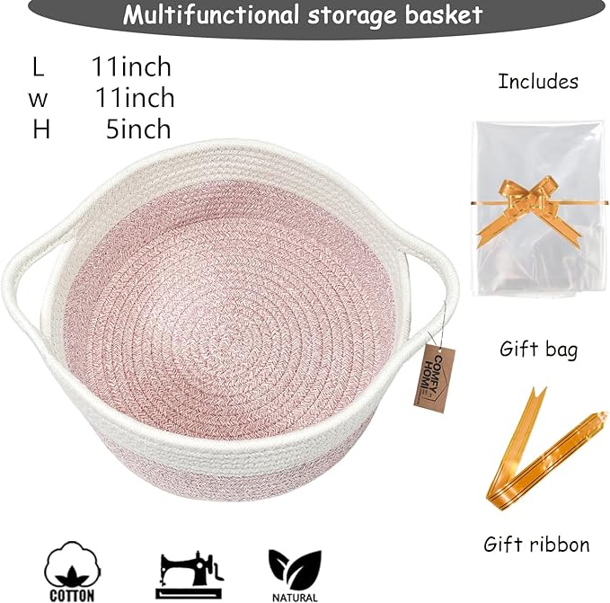 COMFY HOMI Small Woven Gift Baskets with Handles, Gift Bags and Ribbons - Cotton Rope Storage Basket for Organizing, Dog Toy Basket Box, Gift Baskets Empty, Mother’s Day-φ11X5 Inch（white/pink）