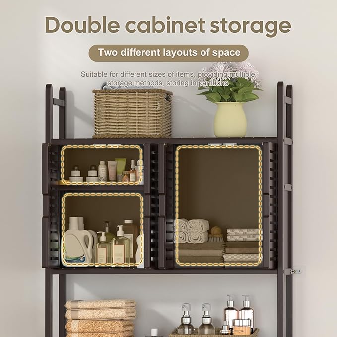 Over The Toilet Storage Cabinet with Paper Holder Stand,Bamboo Bathroom Organizer Shelf with Four Door and Waterproof Feet Pad,Space Saver Rack with Anti-Tip Design (Brown)