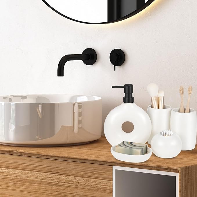 5 Pcs Ceramic Bathroom Accessories Set, Beige Counter Includes Soap Dispenser Toothbrush Cup Holder Soap Box Qtip Holder Stylish Modern Bathroom Matte Glaze Decor(White)