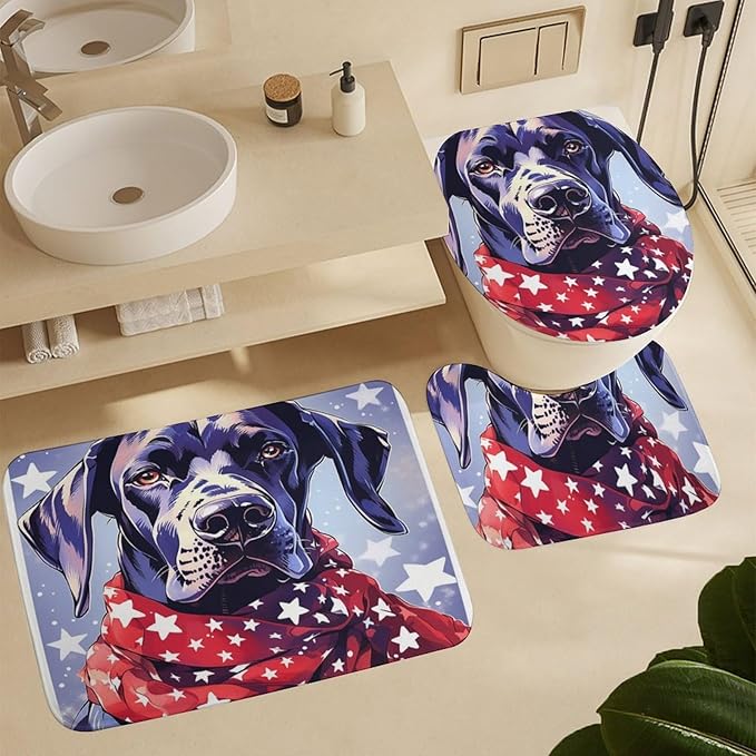 Great Dane Dog in Scarf Christmas 4Pcs Shower Curtain Set with Rugs with Non-Slip Rugs Toilet Lid Cover And Bath Mat Dog Lover Gifts Waterproof Personality Pattern Bath Curtain for Bathroom Decor