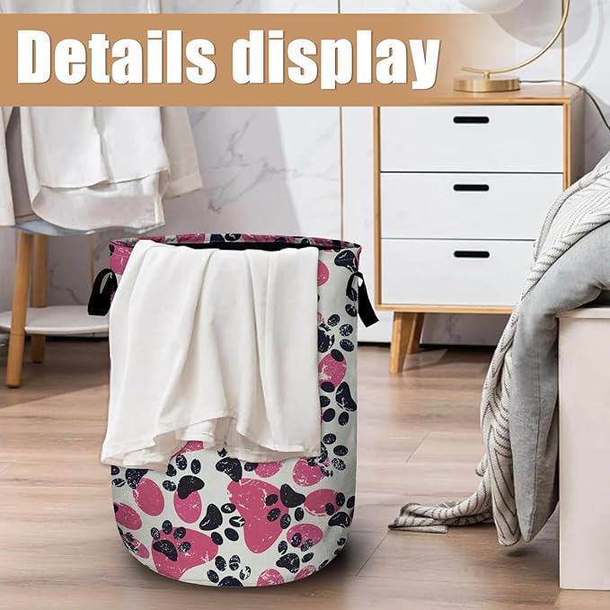 Pink Paw Print Laundry Basket, Foldable Waterproof Laundry Hamper Tote Bag Dirty Clothes Storage Bucket Toy Organizer for Bathroom/Laundry/Bedroom 15.7"x19.6"
