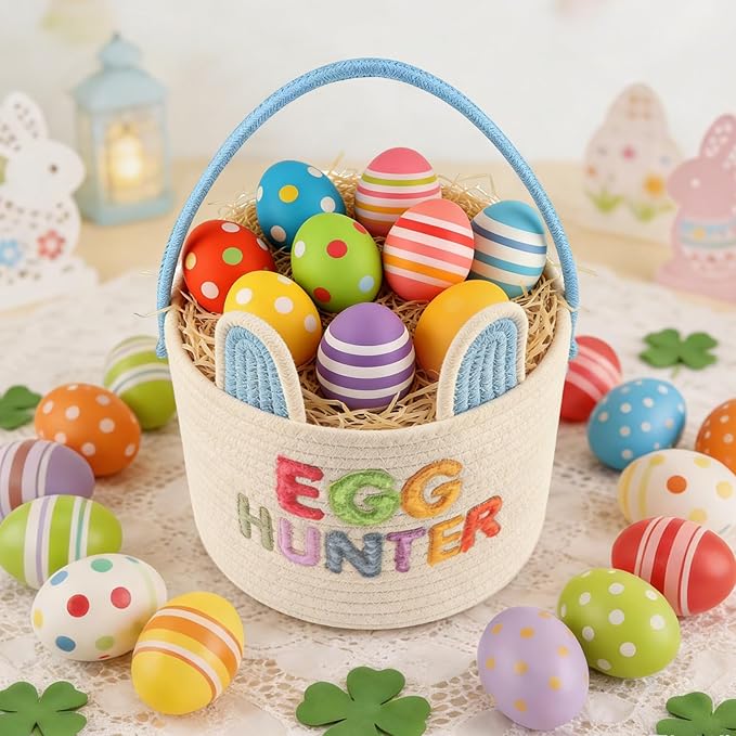 Easter Basket, Soft & Durable Easter Bunny Basket with 10 Pack Eggs, Woven Cotton Rope Egg Baskets