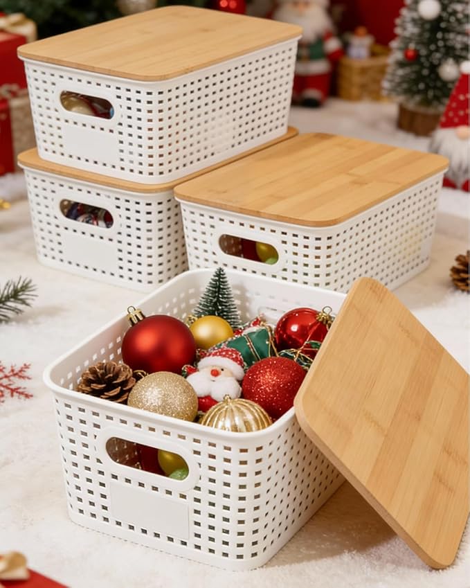 Plastic Storage Baskets with Bamboo Lids for Pantry Organization and Storage Containers Bins for Shelves Drawers Desktop Closet Playroom Classroom Office Home, 6 Pack,White
