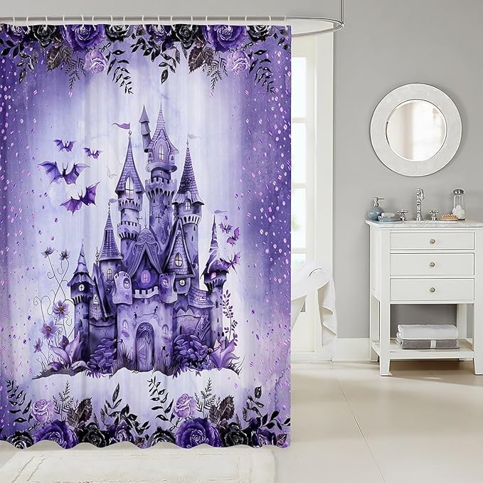 Gothic Purple Flower Plant Waterproof Bath Curtains with 12 Hooks Suits for Bathtub,Purple Castle Bat Shower Curtains,Kids Halloween Theme Bathroom Curtains,78 Inch Long