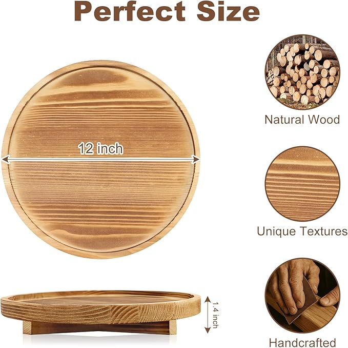 12 inch Large Round Decorative Tray Wood Bathroom Counter Organizer Farmhouse Kitchen Decor Wooden Riser for Perfume Soap Dish Wood Decorative Candle Holders for Home Decor Brown Table Centerpieces