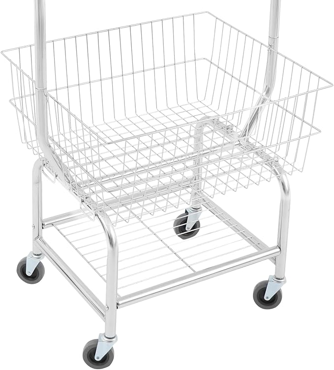 Laundry Cart,Steel Wire Laundry Cart,Laundry Basket With Wheels,Commercial Laundry Basket Cart Heavy Duty with Rod Rack 19.69x15.75x70.87in (H)