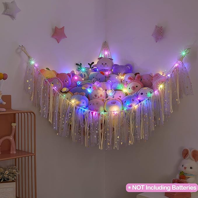 FIOBEE Stuffed Animals Net or Hammock with LED Light, Toy Hammock Hanging Stuffed Animals Storage Organizer Holder Room Décor for Nursery Kids Bedroom