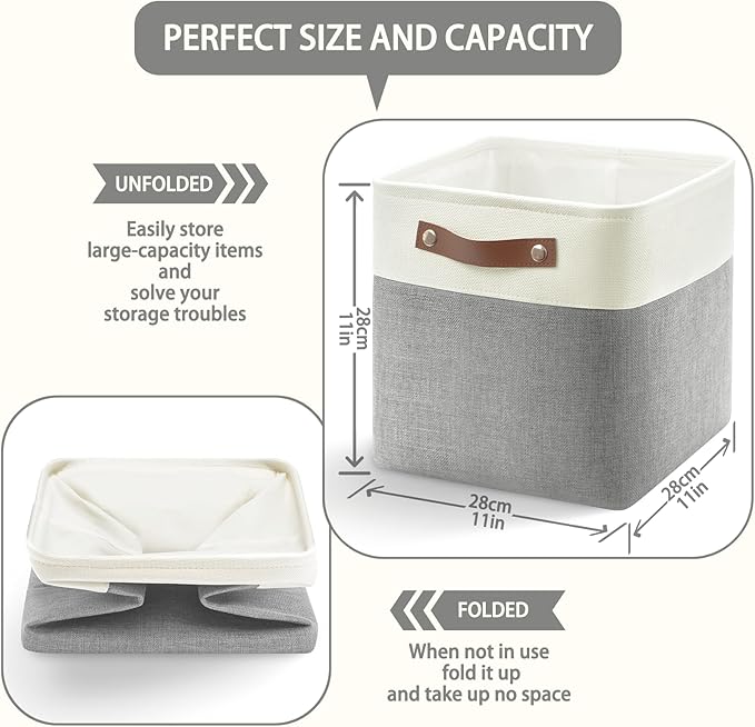 6-Pack Foldable Fabric Storage Cubes 11x11 Inch, Sturdy Cube Organizer Bins with Leather Handles, Storage Baskets for Closet Shelves and Home Organization(White/Gray)
