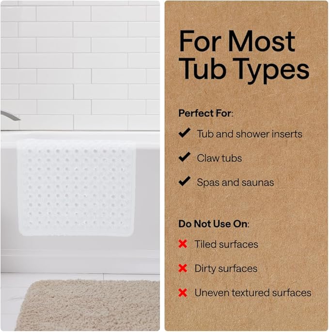 GORILLA GRIP Patented Bath Tub Shower Mat, Machine Washable Bathtub Floor Liner Mats, Suction Cups and Drain Holes to Keep Tubs Clean, Soft on Feet, Bathroom Essentials, 35x16 Inch, White