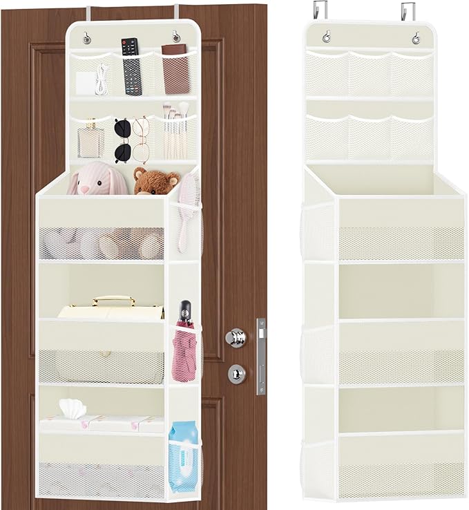 5-Tier Over The Door Organizer with Mesh Pockets, Baby Nursery Storage for Closet, Bathroom and Bedroom, Adjustable Hanging Closet Organizer for Cosmetics, Books and Essentials（Beige）