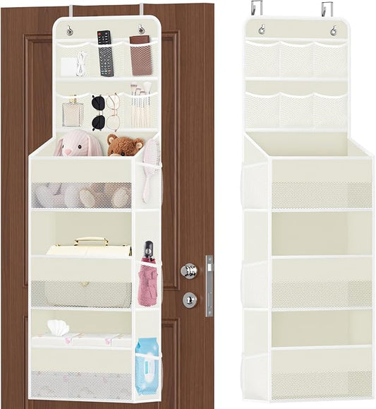 5-Tier Over The Door Organizer with Mesh Pockets, Baby Nursery Storage for Closet, Bathroom and Bedroom, Adjustable Hanging Closet Organizer for Cosmetics, Books and Essentials（Beige）