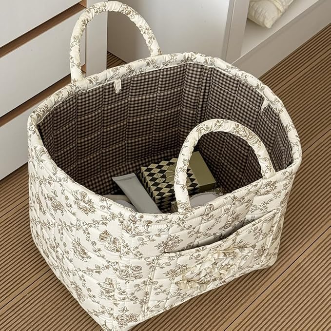 JQWYGB Foldable Laundry Basket Boho Bear Storage Basket Floral Quilted Fabric Car Storage Basket Handles Large Laundry Baskets for Clothes and Dolls