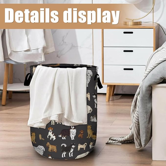 Cute Dogs Laundry Basket, Foldable Dog Lover Laundry Hamper Tote Bag Dirty Clothes Storage Bucket Toy Organizer for Bathroom/Laundry/Bedroom 15.7"x19.6"