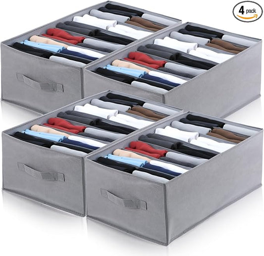 4 PCS Jean Organizer for Closet, 7 Grids Foldable Wardrobe Clothes Organizer, Stackable Fabric Closet Organizers and Storage for T Shirt Jean Sweater Shirt Pants