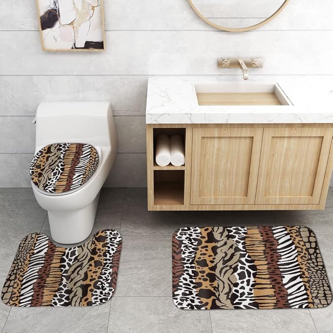 4PCS Leopard Print Shower Curtain Set, African Safari Stripes Tiger Zebra Crocodile Cow Cheetah Print Bathroom Decor, Waterproof Fabric Shower Curtain Non-slip Bath Mat Toilet Rug, Animal Skin
