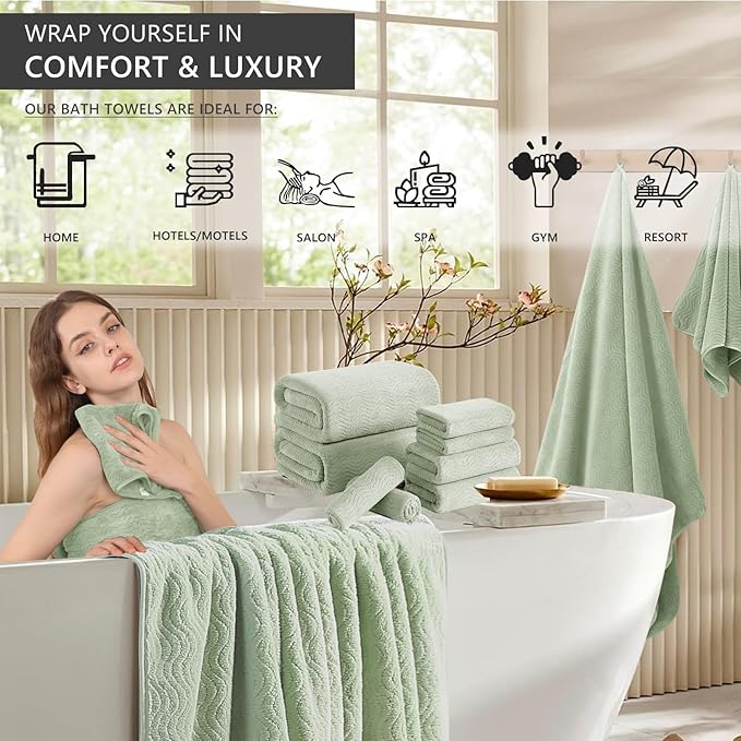 8 Piece Bath Towel Set Green|2 Oversized Large Bath Sheet,2 Hand Towels,4 Washcloths| Ultra Soft Cozy Bath Towel Set for Bathroom Hotel Gym Spa,Highly Absorbent & Quick Dry Bathroom Towel Collections
