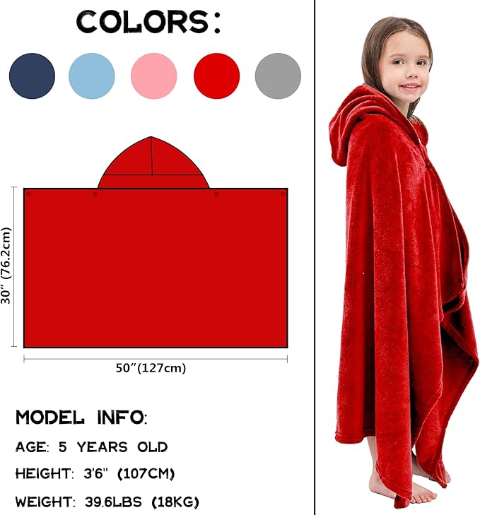 Hiturbo Kids Hooded Bath Towel: Soft Plush Pool Beach Fleece Towel Blanket - 50"x30" Toddler Towels Wrap for Boys Girls 3-12 Years (Red)