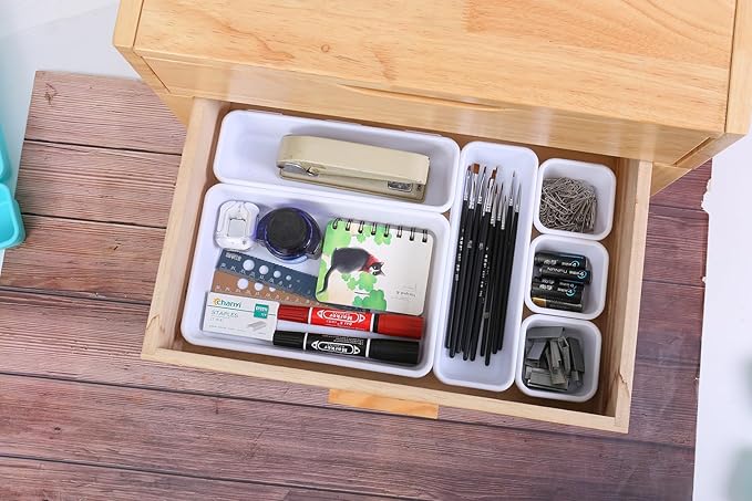 25 PCS White Drawer Organizer Set, 4 Size Interlocking Plastic Storage Bins for Office Supplies, Jewelry Makeup Vanity, Bathroom Kitchen, Home Organization Closet, Gadgets Small Items