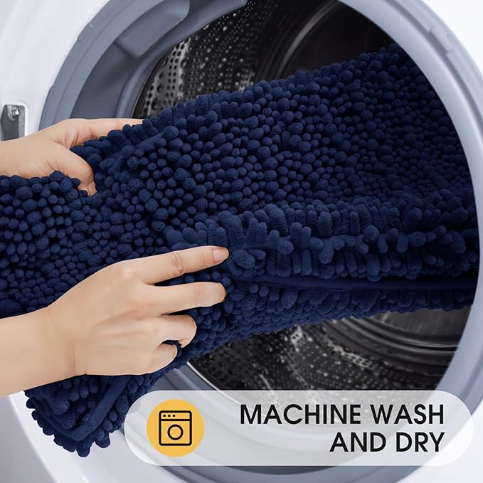 ACCUMTEK Extra Long Upgrade Luxury Navy Blue Bathroom Rug Mat 70"x24", Ultra Soft Thick Absorbent Bath Mats, Non Slip Chenille Toilet Mat for Bathroom, Bedroom, Kitchen, Shower, Tub