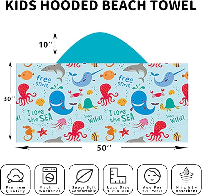 Hooded Beach Towel, Microfiber Hooded Beach Towel For Kids Toddler Infant Boy Girl, Beach Towel with Hood For Bath Pool Swim Summer Beach Essentials Cartoon Shower Gifts (24x50 Inch, Marine Wave)