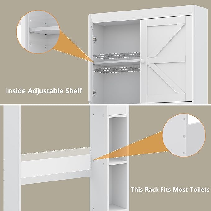 Furnideco Over The Toilet Storage Cabinet with Barn Doors, 32.3''W Free Standing Toilet Storage Shelf Space Saver with Adjustable Bottom Bar, White