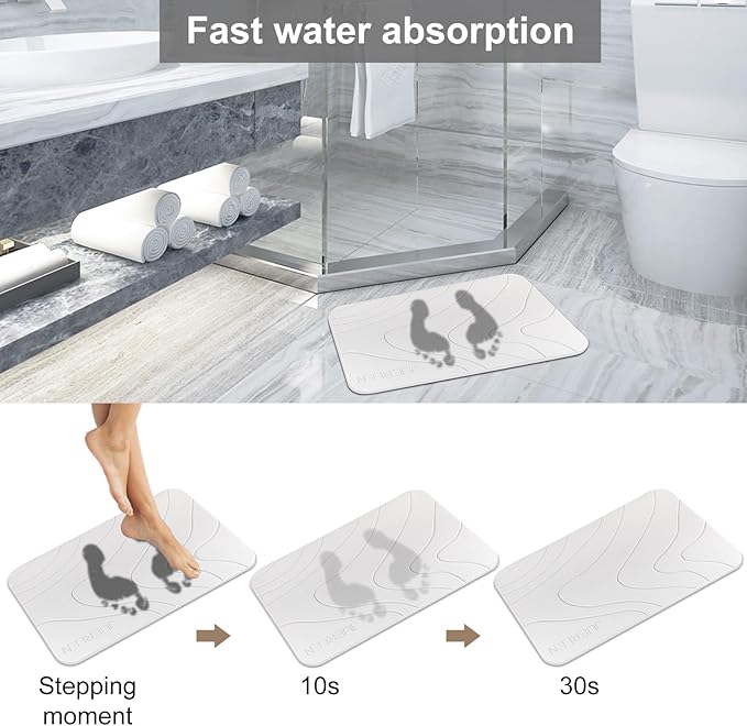 2 Pack Diatomaceous Earth Shower Mat, Stone Bath Mat, Nonslip Super Absorbent Fast-Drying Hard Bath Mat for Bathroom Shower Floor, 24 x 16 inch, White Wave Design