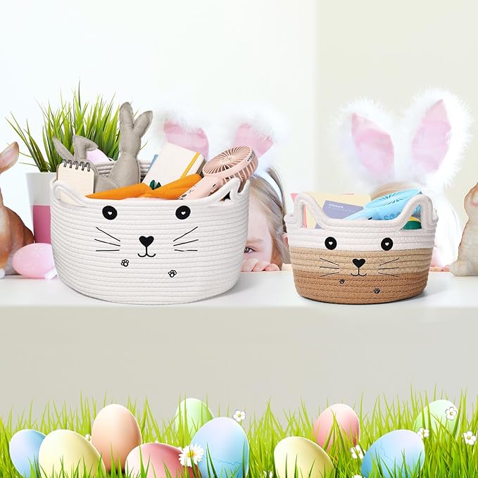 Zopeal Cat Basket Storage Woven Organizer with Ears Christmas Decorative Pet Toy Cute Cotton Rope Basket for Gift Cat Dog Toy Bin Nursery Room(8.3 x 4.7 Inch,White Khaki Brown)