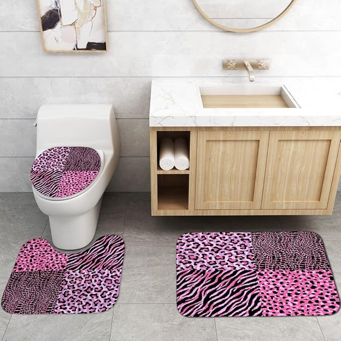 4PCS Pink Leopard Print Shower Curtain Set, Crocodile Zebra Cheetah Print Safari Animals Skin Fur Fashion Glam Teenage Girls Women Bathroom Decor, Non-Slip Bath Mat Toilet Rug, Chic Patchwork