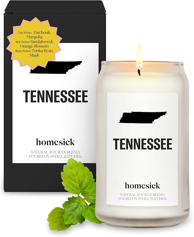 Homesick Scented Candles for Home (Tennessee) - 13.75 oz Long-Lasting Soy Wax Jar Candle for Women & Men for All Occasions, 60-80 Hours Burn Time - Notes of Patchouli, Sandalwood & Tonka Bean