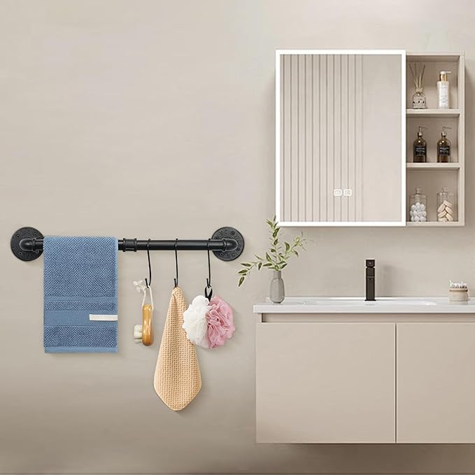 4-Pieces Industrial Pipe Bathroom Towel Ring Kit DIY Wall Mount Accessories Kit Includes Robe Hook Towel Bar and Towel Ring (18 inch)